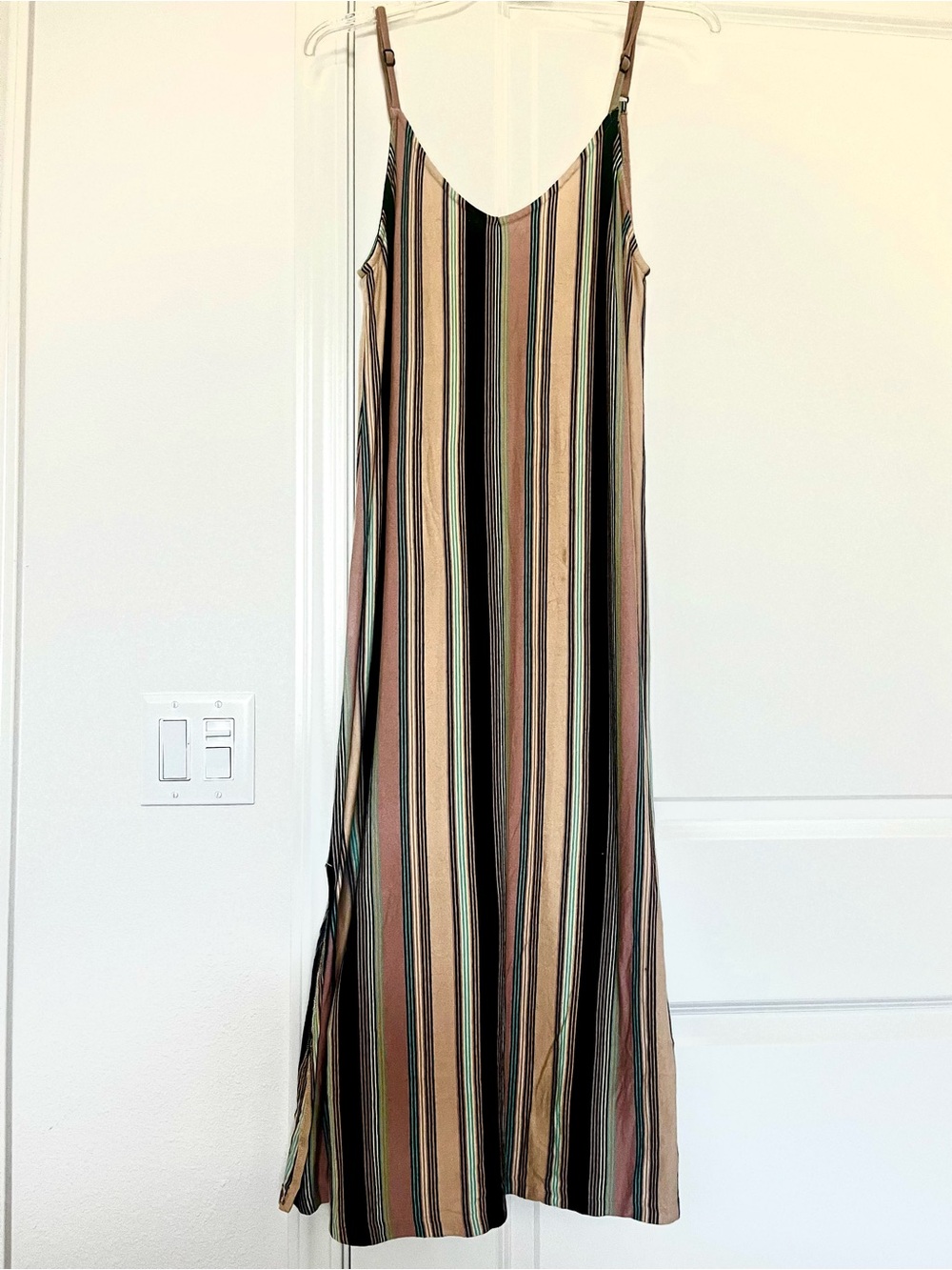 RVCA Vertical Striped Slip Maxi Dress in Brown, Black, Cream & Green
